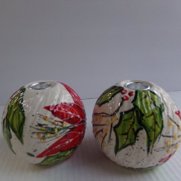 Vintage Christmas Bella Casa Ganz Ceramic Taper Candle Holders Poinsettia Shiny - Picture 6 of 15